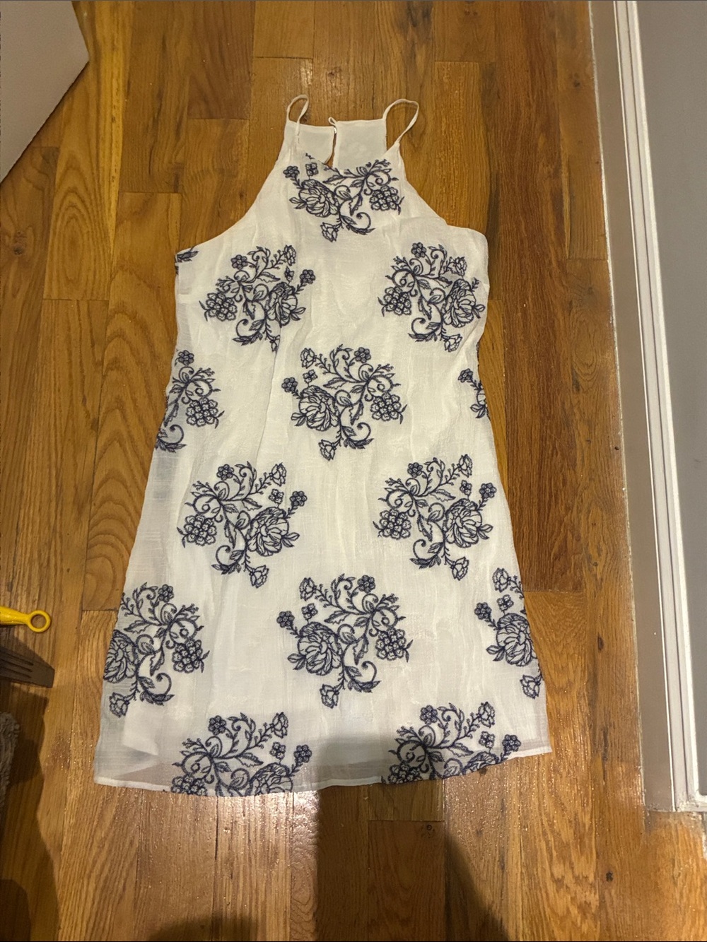 BCX White Mini Dress with Navy Floral Embroidery